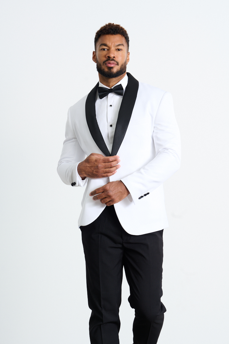 Suitor | White Tuxedo with Black Lapels Hire | Tuxedo Rentals | Suitor